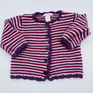Janie & Jack Striped Wool Cashmere Scallop Cardigan Sweater Purple Cute‎ 6-12